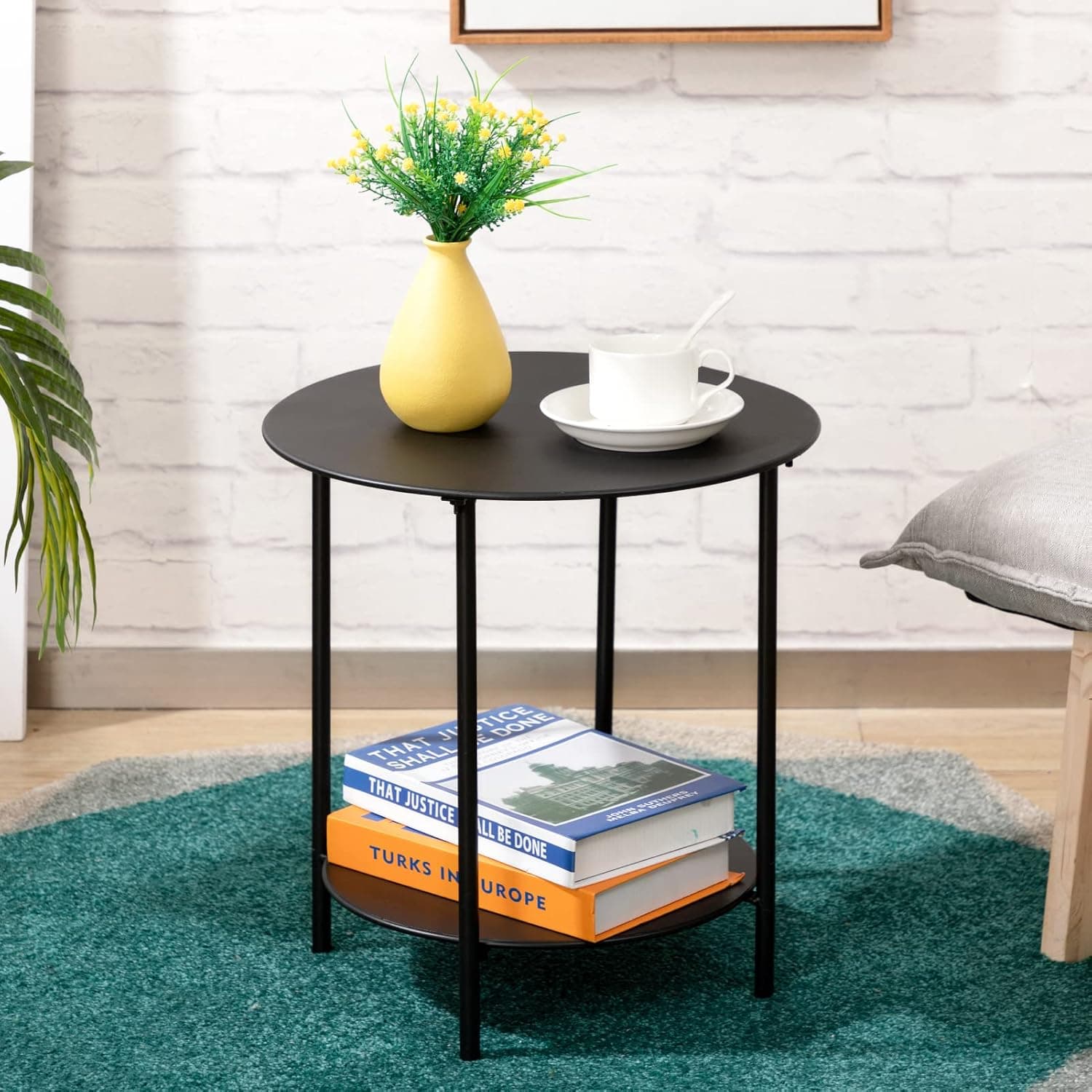ALIMORDEN 2-Tier Small Round Metal End Table, Accent Indoor&Outdoor Snack Side Table, Modern Nightstand for Bedroom, Sofa Bedside Table for Living Room, Garden, Patio, (D) 15.2" x(H) 15.9", Black