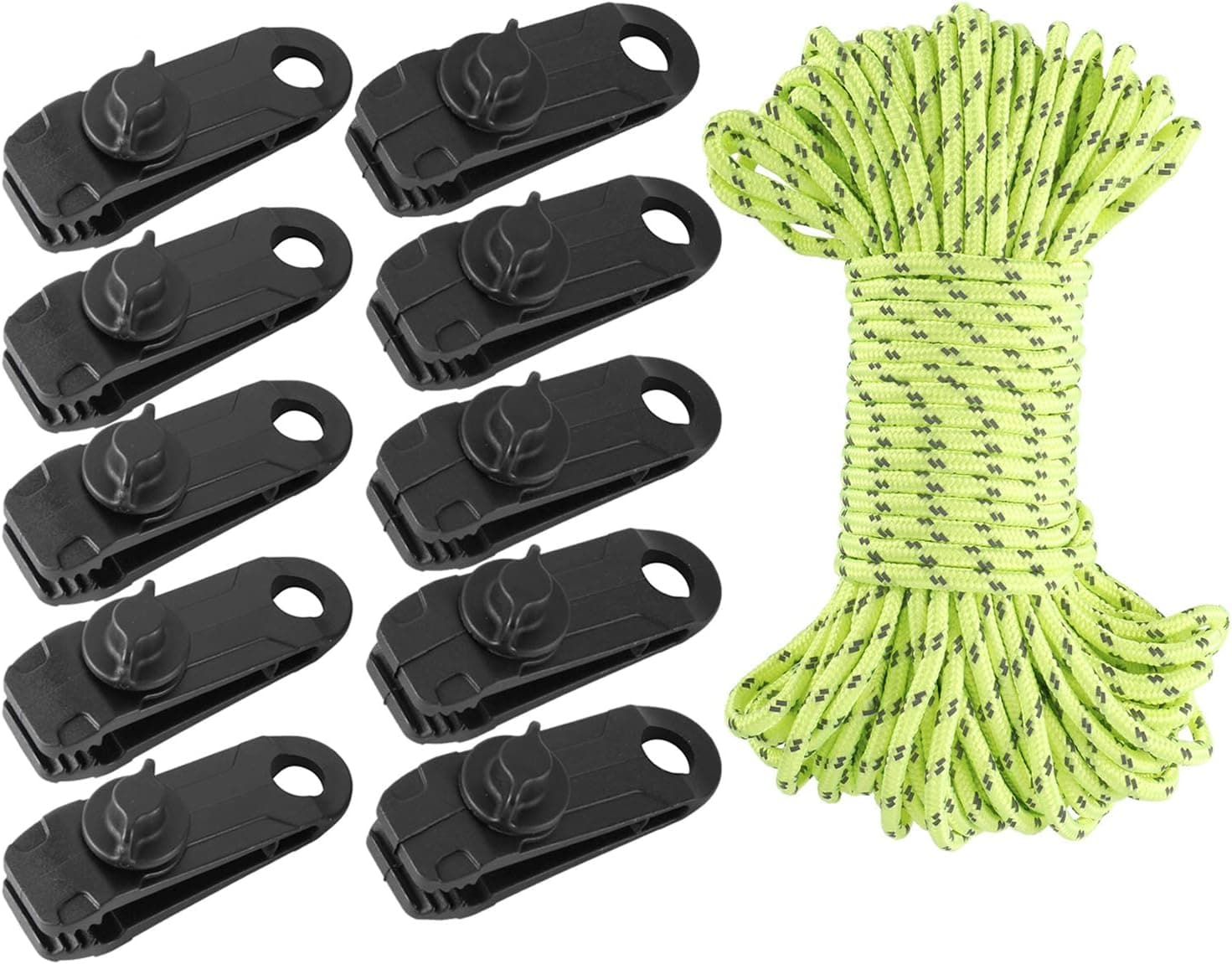 HighFree Tarp Clips Heavy Duty Nylon Tent Clamps with 65ft Reflective Camping Rope for Outdoor Camping Tents, Awnings, Caravans, Tarpaulins, Boat Covers, Swimming Pool Covers