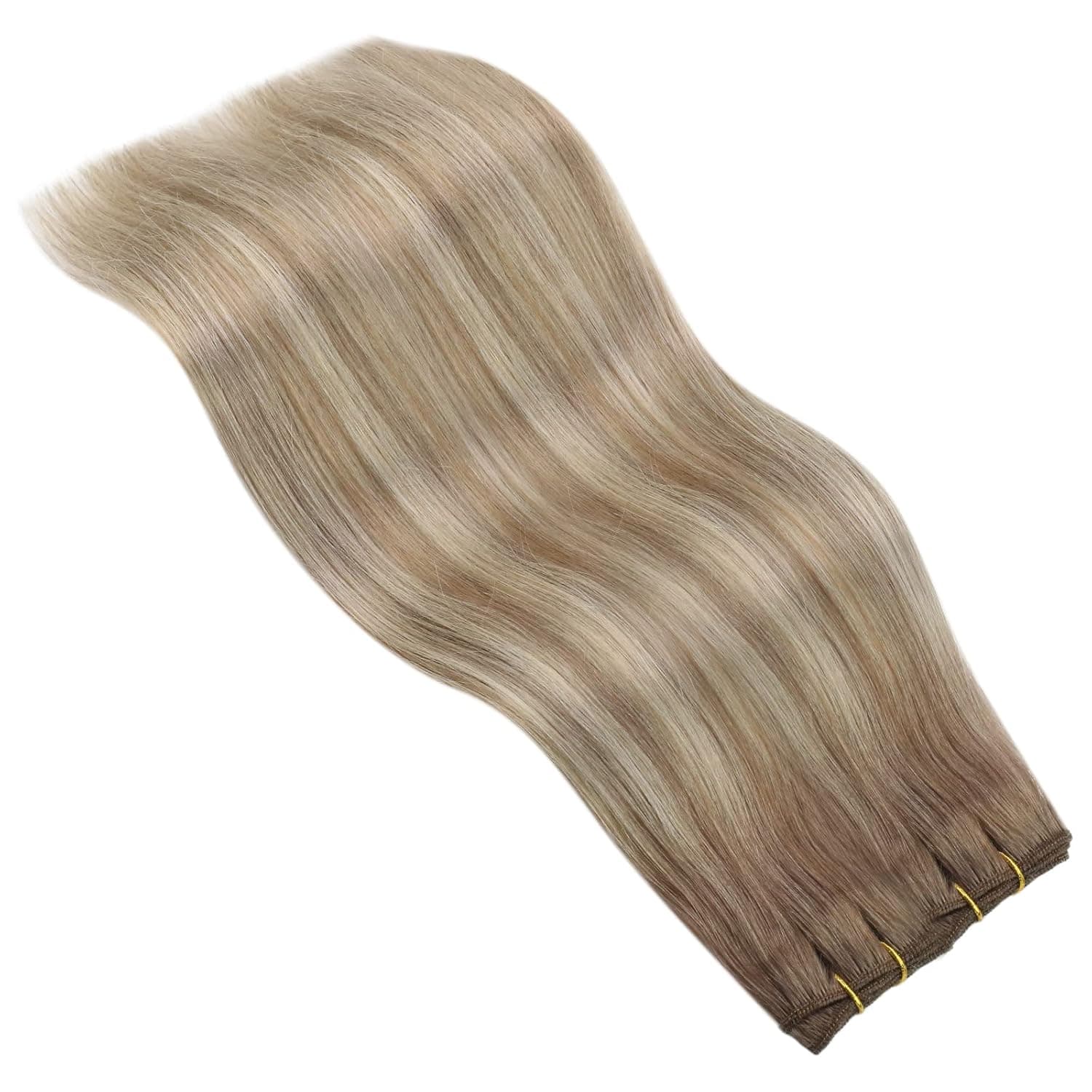 JoYoung Weft Sew in Hair Extensions Human Hair 20inch Balayage Hair Weft Sew in Extensions Medium Brown Mix Platinum Blonde Hand Tied Hair extensions Human Hair Weft Bundles 100g