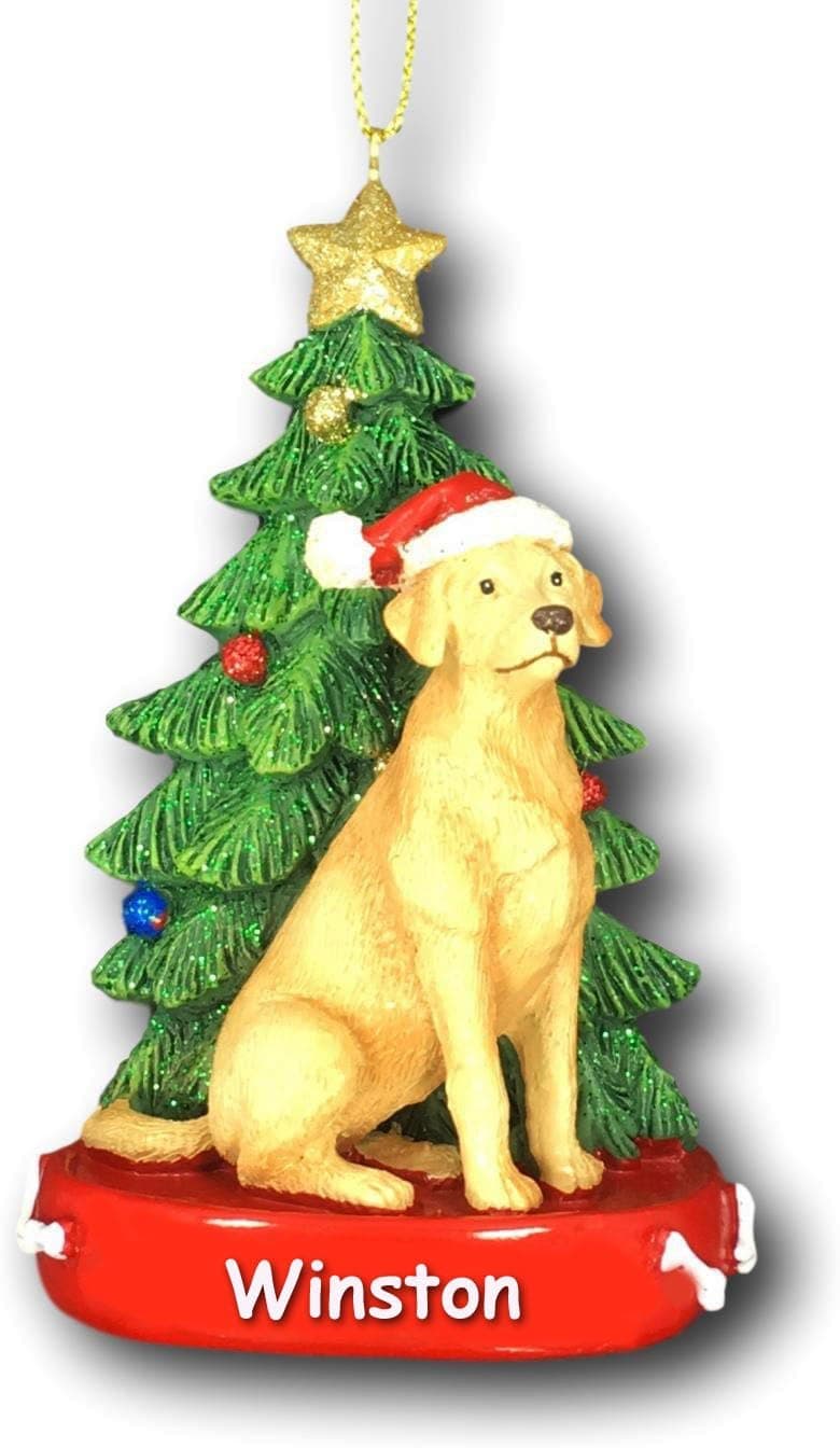 Personalized Yellow Lab Labrador Retriever Dog with Santa Hat and Glittered Christmas Tree Hanging Christmas Ornament with Custom Name - 4.25 Inches