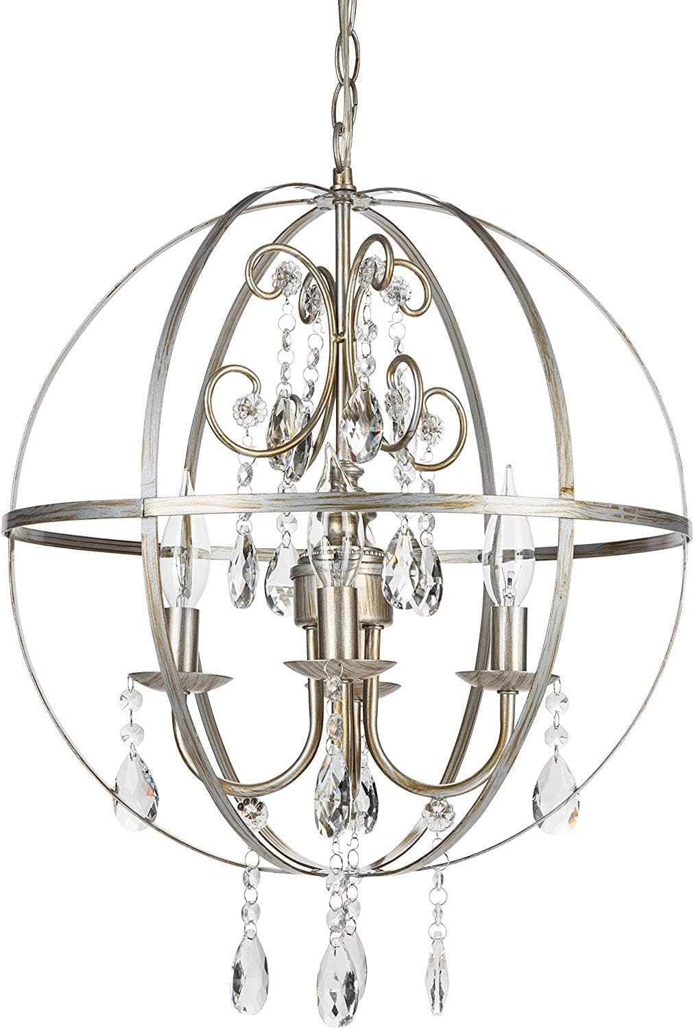 Amalfi Decor 4 Light Orb Crystal Beaded Chandelier, LED Cage Wrought Iron K9 Glass Pendant Light Fixture Vintage Nursery Kids Room Dimmable Plug in Hanging Ceiling Lamp, Silver