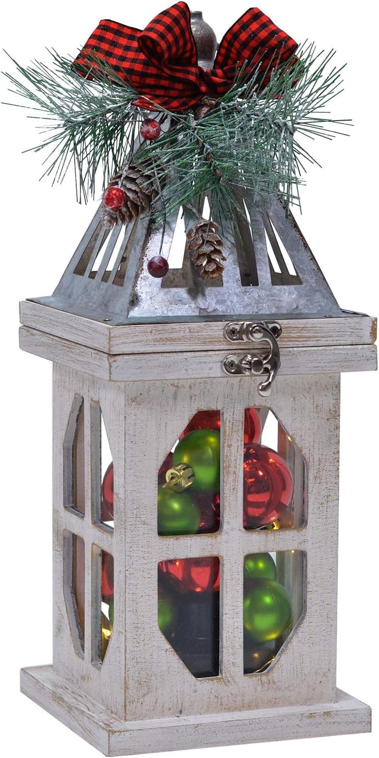 Mark Feldstein & Associates Cathedral Ornaments Bow Red Green 12 x 5 Wood Metal Holiday Decorative Lantern
