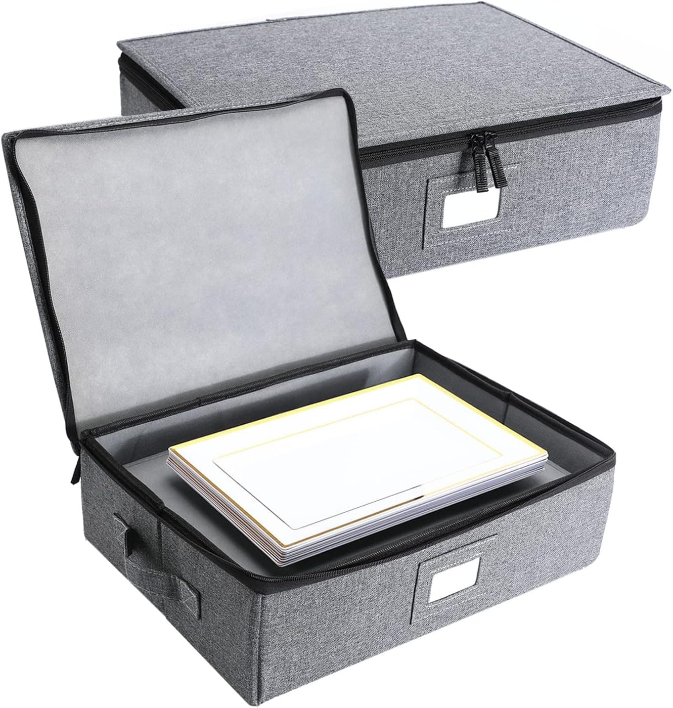 TEYIKA 2 Pcs China Storage Containers, Platter Storage Case Containers, 5.5'' Tall with Hard Shell, Structured Top, Bottom and Sides, 8 Felt Dividers Included(17'' x 13'' x 5.5''), Grey 2 Pack