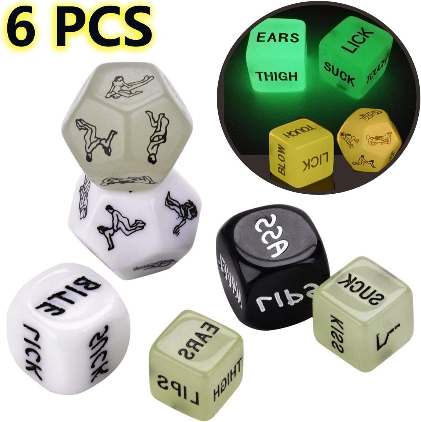 Coxeer Fun Dices, 6PCS Funny Dice Assorted Colors Luminous Adults Dice Game Toy with Storage Pouch