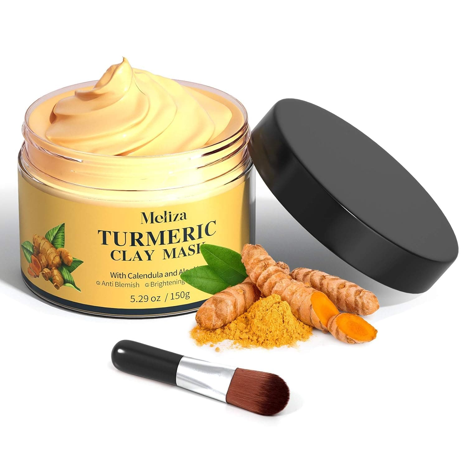 Turmeric Face Mask, Meliza Clay Face Mask with Turmeric and Kaolin Clay, Detox Face Mask with Face Mask Brush for Skin Care, Organic Turmeric Face Mud Mask for Deep Cleansing Blackheads, Dirts(5.29oz)
