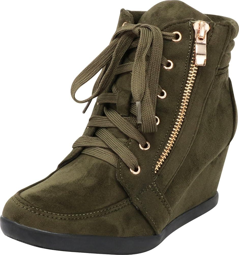 Cambridge Select Women's Zipper Lace Up Wedge Heel Fashion Sneaker (7 B(M) US, Olive)