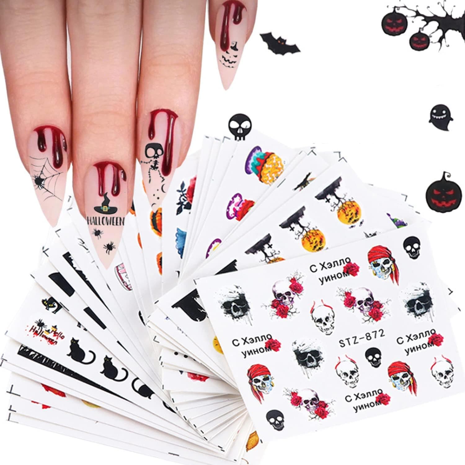 24 Sheets Skull Ghost Halloween Nail Stickers Pumpkin bat etc Halloween Theme Nail Decals Halloween Nail Art Acrylic Water Transfer Decals Nail Decoration Girls Child Festival Party Nail
