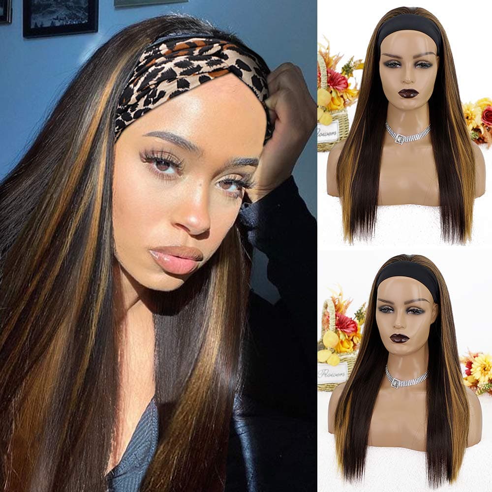 Nnzes Headband Wig for Women 24 inches Long Straight Wigs Mixed Blonde Girl's Hair for Daily Party Use Synthetic Highlight Wig Easy to Wear