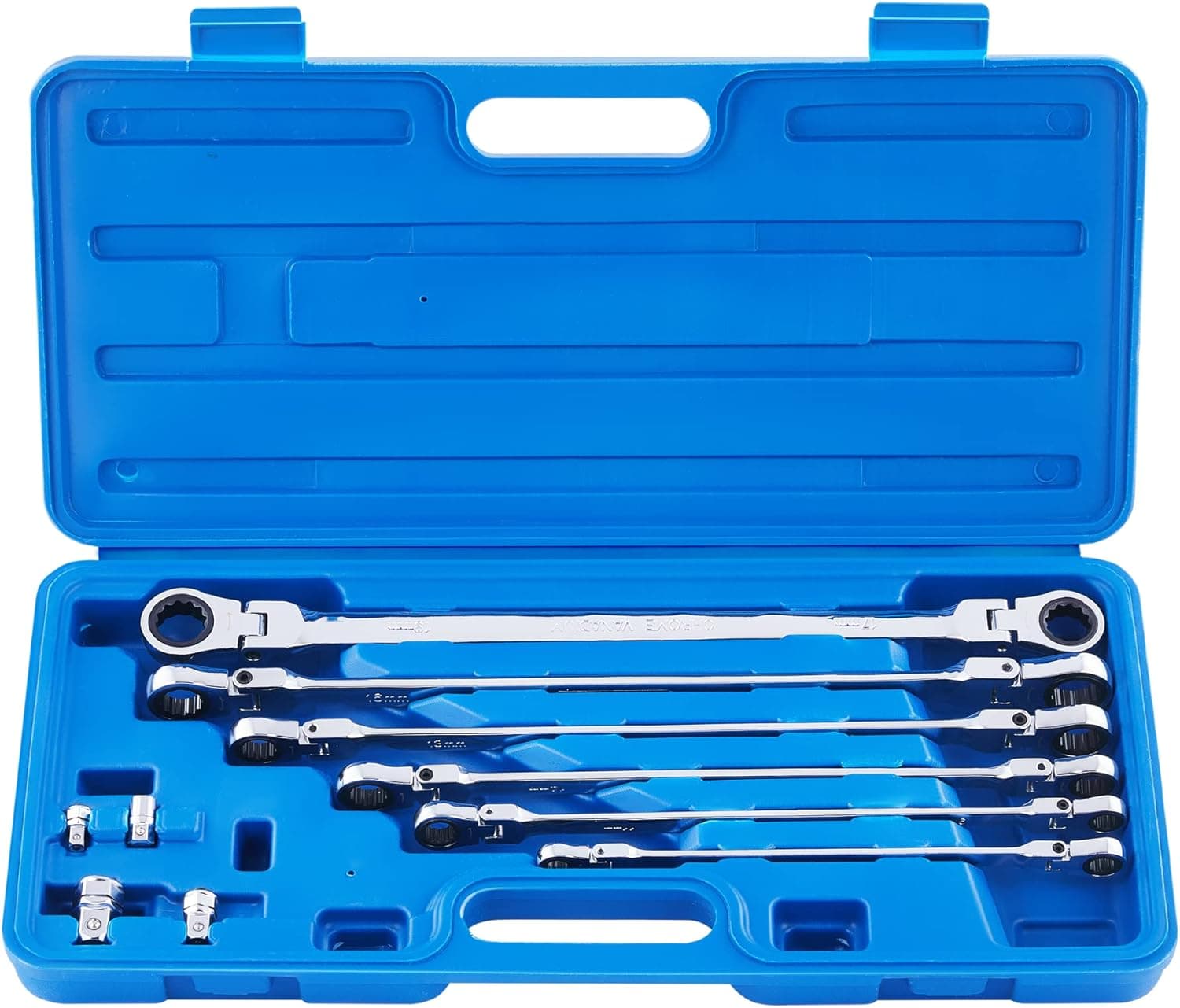 Orion Motor Tech 8 to 18 mm Ratcheting Wrench Set with Extra Long Handles, Flex Head Metric Ratchets 1/4" 3/8" 1/2" Drive Adapters, 8mm 9mm 10mm 11mm 12mm 13mm 14mm 15mm 16mm 17mm 18mm 19mm, 10 Pc Set