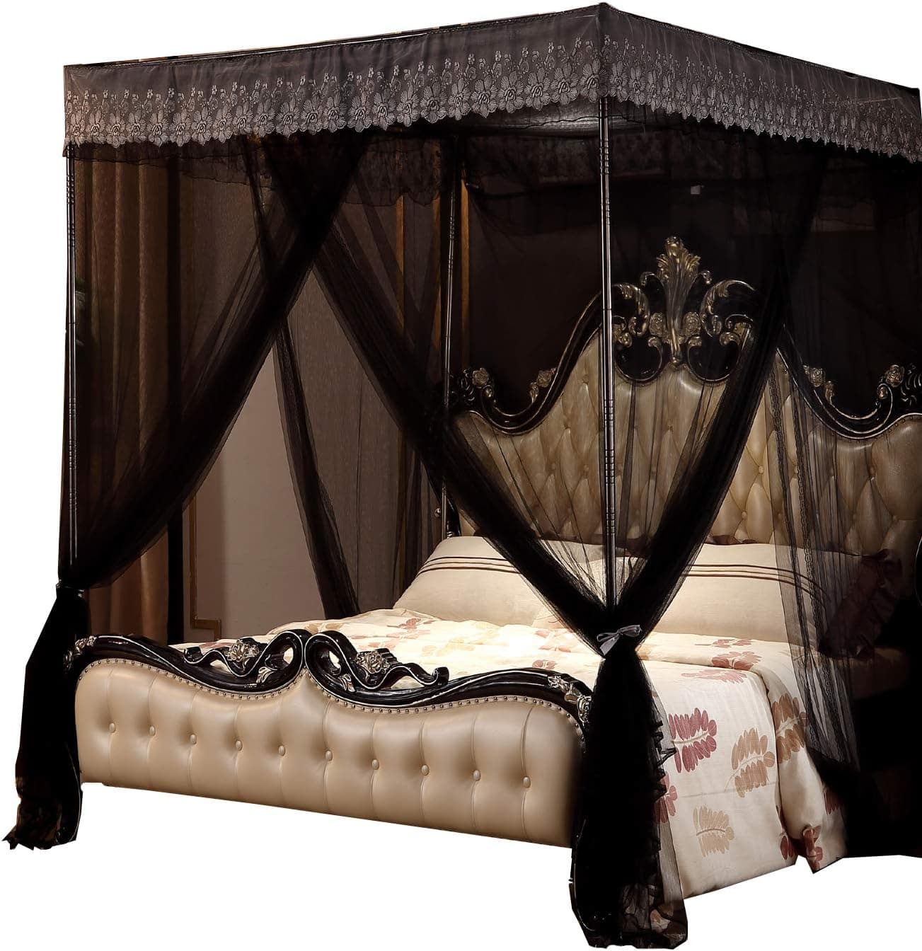 Nattey 4 Corners Post Canopy Bed Curtain for Girls & Adults- 4 Openings Bed Canopies -Bedroom Decoration Accessories(Full,Black)