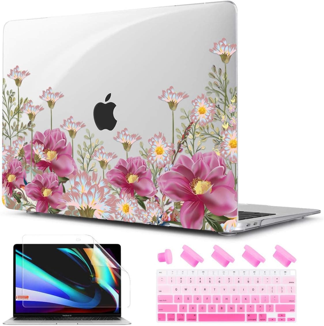 TwoL Ultra Slim Hard Shell Case and Keyboard Cover Screen Protector for 2021-2018 MacBook Air 13 A2337 M1 A2179 A1932, Field Flower