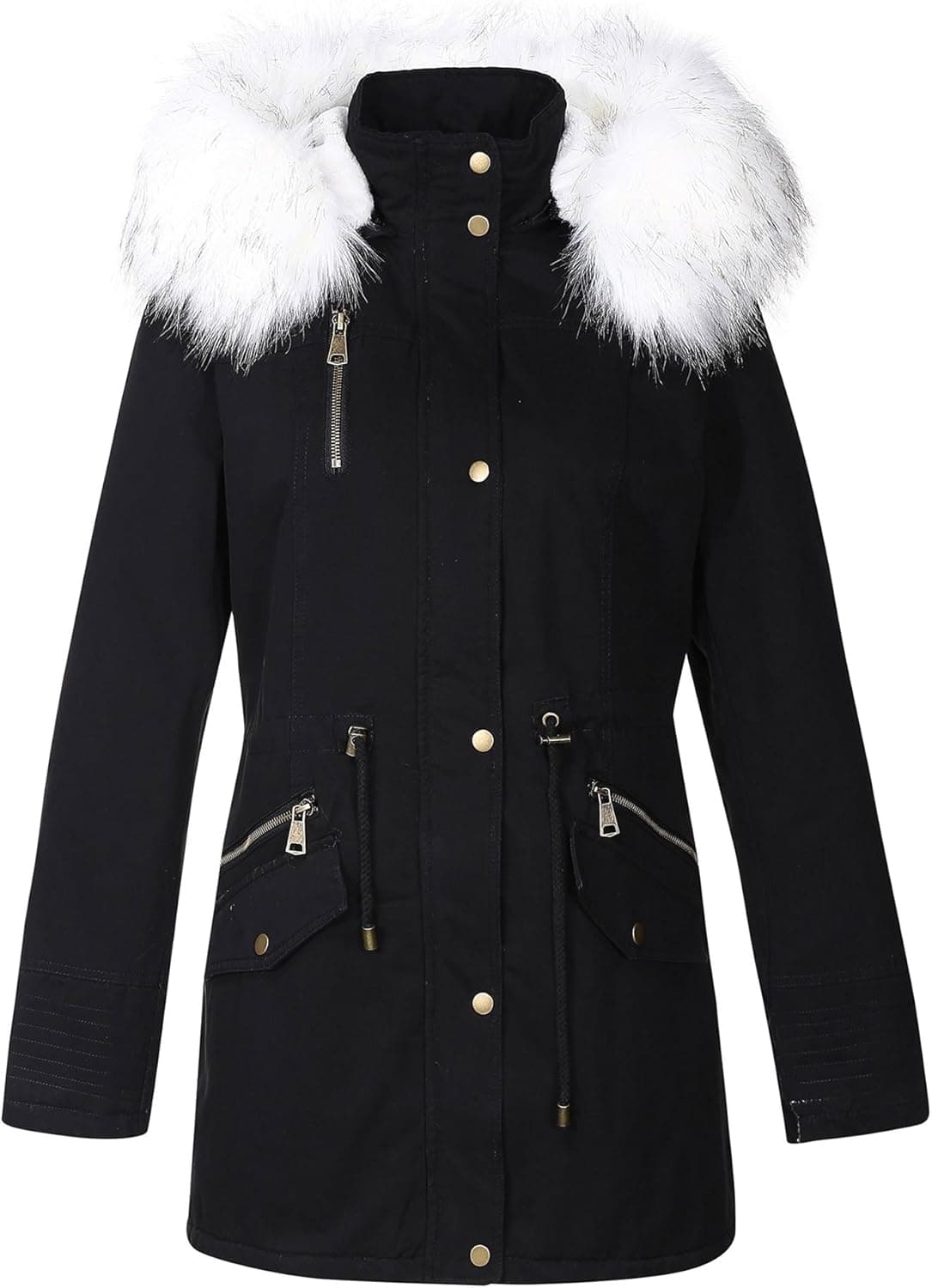 Bellivera Women's Parka Faux Fur Collar Twill Jacket, Warm Women Winter Coats with Hooded 9218 Blackwhite M
