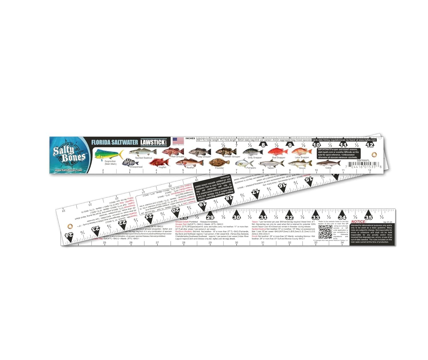 Salty Bones Florida Saltwater Lawstick - 36" Folding Fishing Ruler - Newest Version