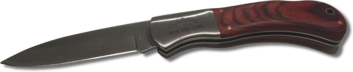 Blue Ring Gear Wood Handle Folding Knife