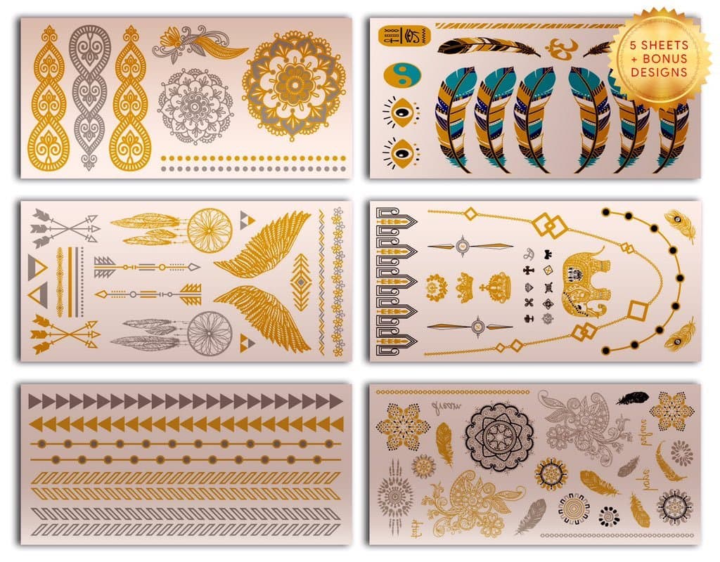 Metallic Tattoos By McCoy & Mercier – 5 Sheets + Bonus Feather Designs Packed with Eye-catching Gold, Silver & Blue Metallic Designs