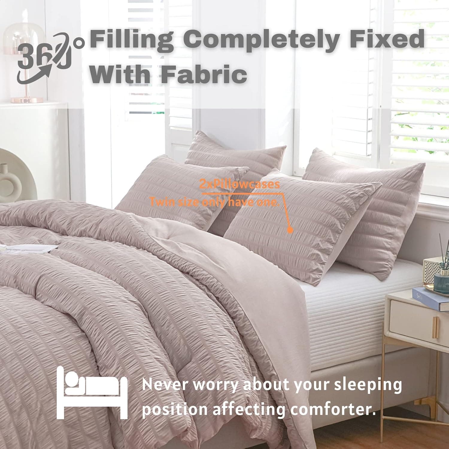 Haowaner 3 Pieces Seersucker King Comforter Set With Pillows, King Comforter Set For King Bed, Comforter King Size Bedding, King Bedding Set, Lightweight Comforter King Size, Bed Set King,90x104"Beige