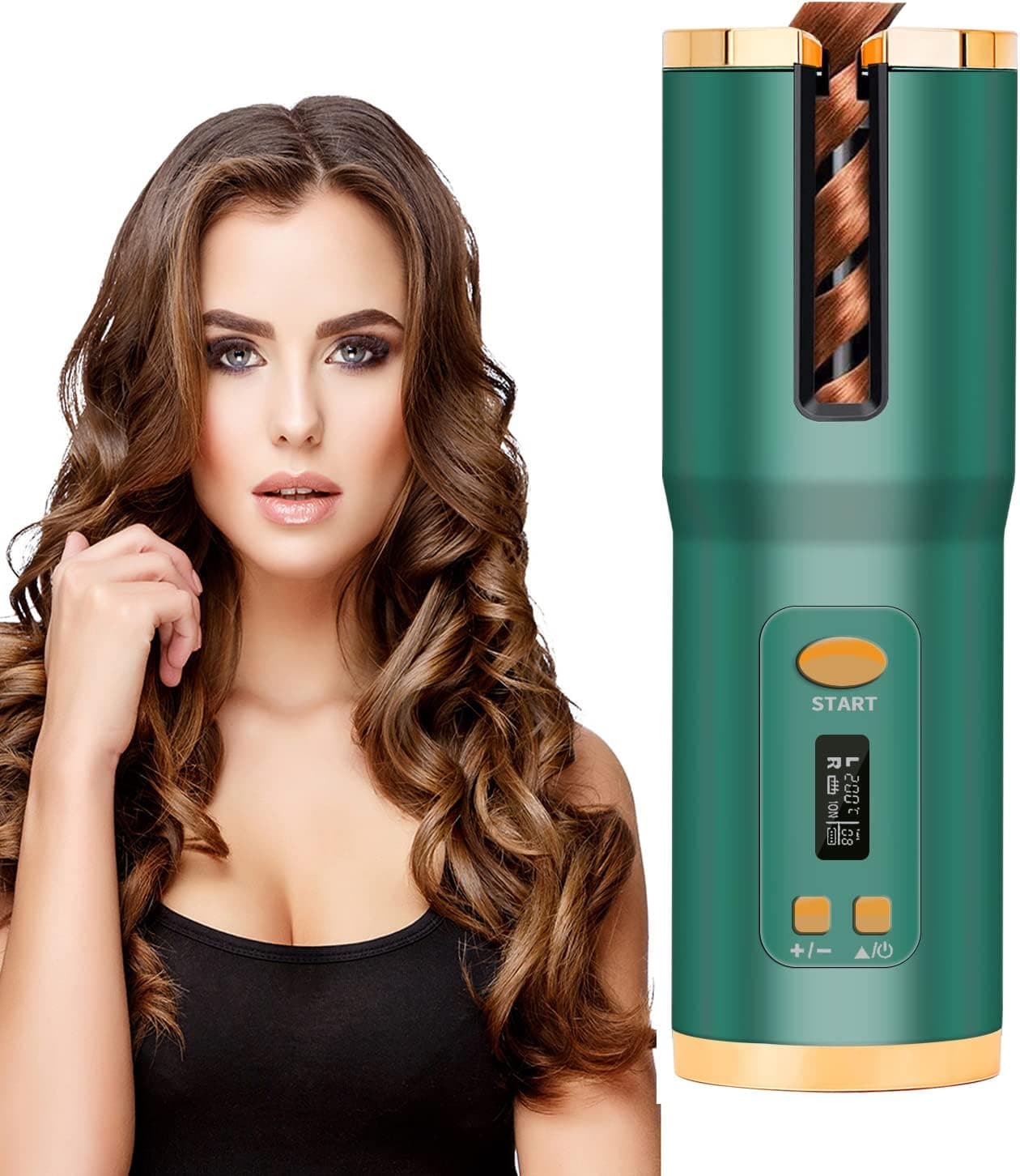 Lanboo Automatic Hair Curler, Cordless Hair Curler for Shoulder Length&Over Shoulder Long Hair, Curling Iron with Built-in 5000mAh Rechargeable Battery, Portable, Suitable for Home Travel etc (Green)