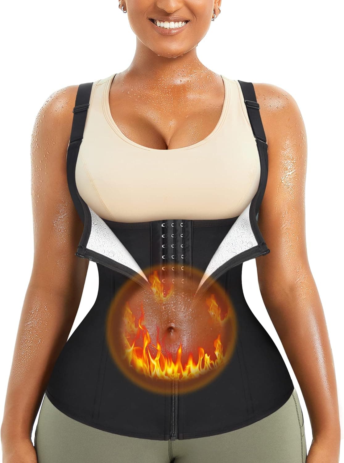KUMAYES Sauna Waist Trainer Sweat Vest for Women Zipper Corset Body Shaper Tank Top Zipper with Straps