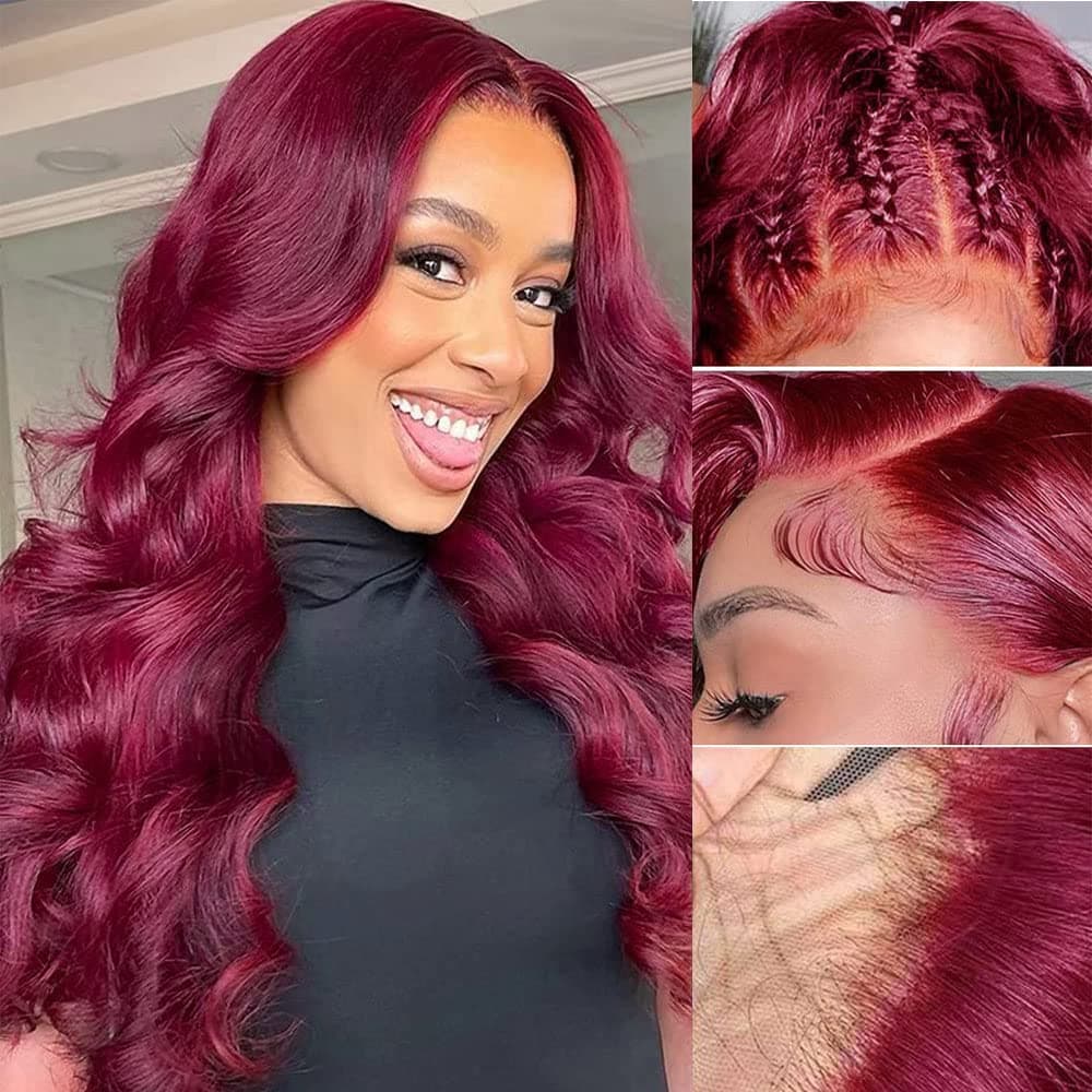 RDFIZZ Body Wave 99J Burgundy Lace Front Wigs Human Hair Colored Pre Plucked Hairline Full 13x4 HD Transparent Lace Front Wigs for Black Women Dark Burgundy Color 150% Density (22 Inch)