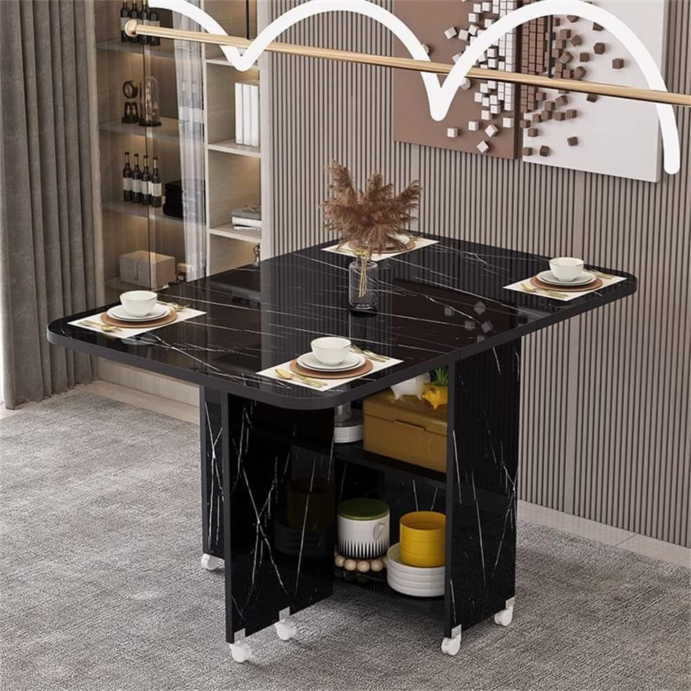 LAKIQ Modern Folding Dining Table with Wheels and 2-Layer Storage Shelf Rectangle Drop Lead Kitchen Folding Table for Small Apartment Kitchen Dining Room(Black,47.2" L x 23.6" W x 29.5" H)