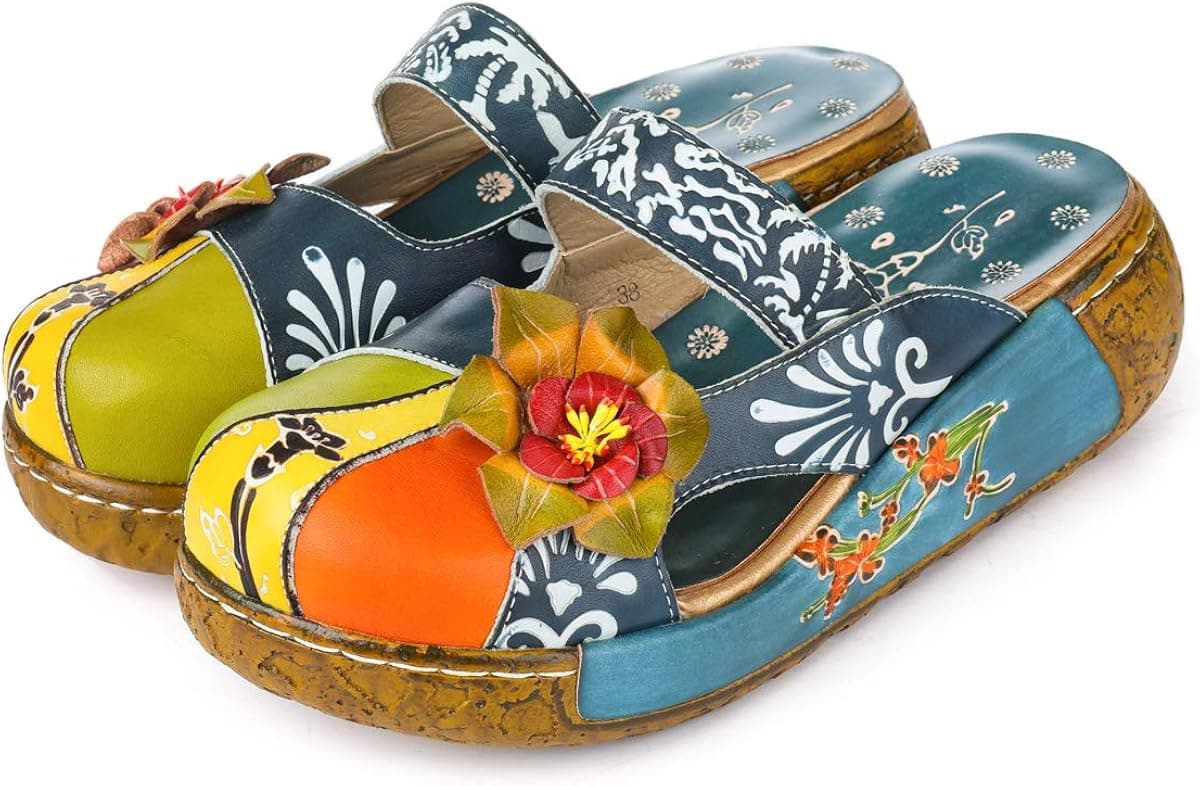 gracosy Leather Slipper, Women's Oxford Slipper Vintage Slip-Ons Mule Clog Colorful Flower Backless Loafer Shoes Blue 10