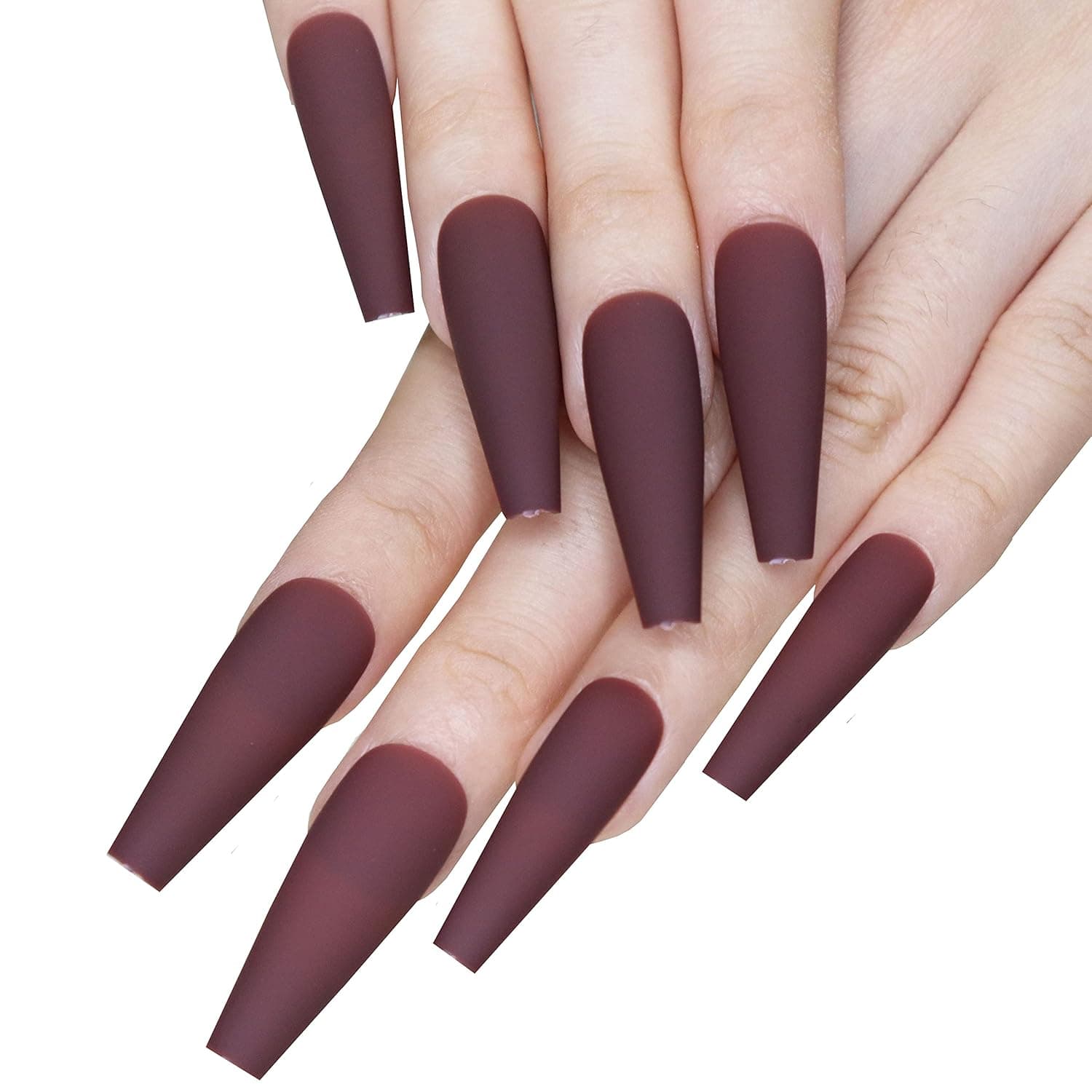 MISUD Coffin Press on Nails, Long Ballerina Fake Nails, Matte Acrylic Nails, Solid Color Glue on Nails, Full Cover Pure Brown False Nails for Women & Girls