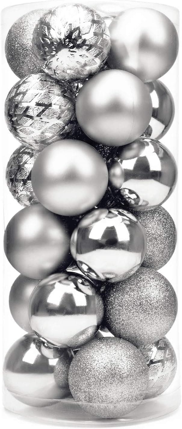 iPEGTOP Shatterproof Christmas Ball Ornaments - 24ct 60mm/2.4" Shiny Matte Glitter Hanging Christmas Decorations Tree Balls Ornaments Baubles Set for Holiday Wedding Party Decoration, Silver
