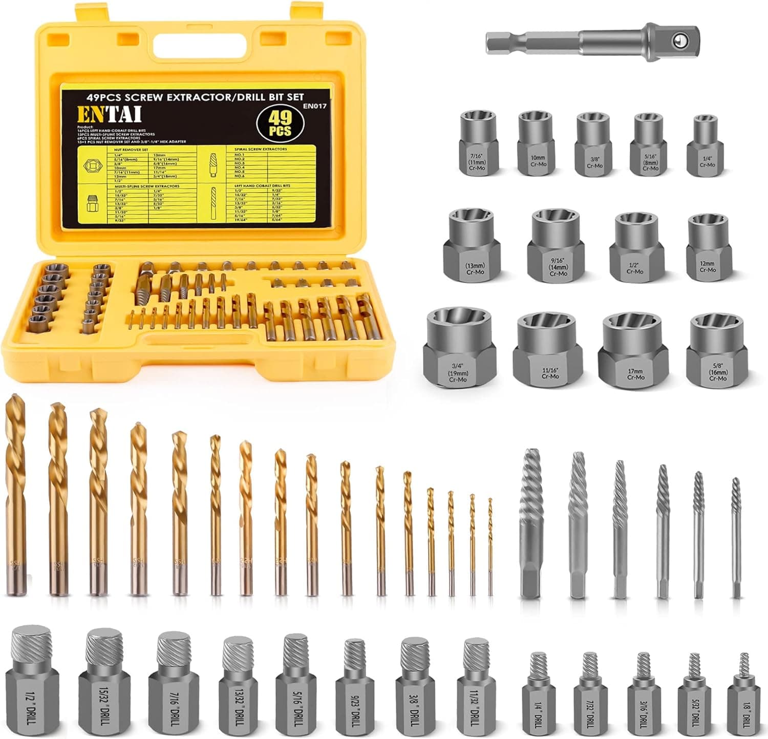 ENTAI 49-Piece Bolt Extractor Screw Extractor Set, with 13-Piece Bolt Extractor Set, 16-Piece Drill Bit Set, 19-Piece Multi-Spline Screw Extractor Set and 1-Piece Extension, Solid Carrying Case