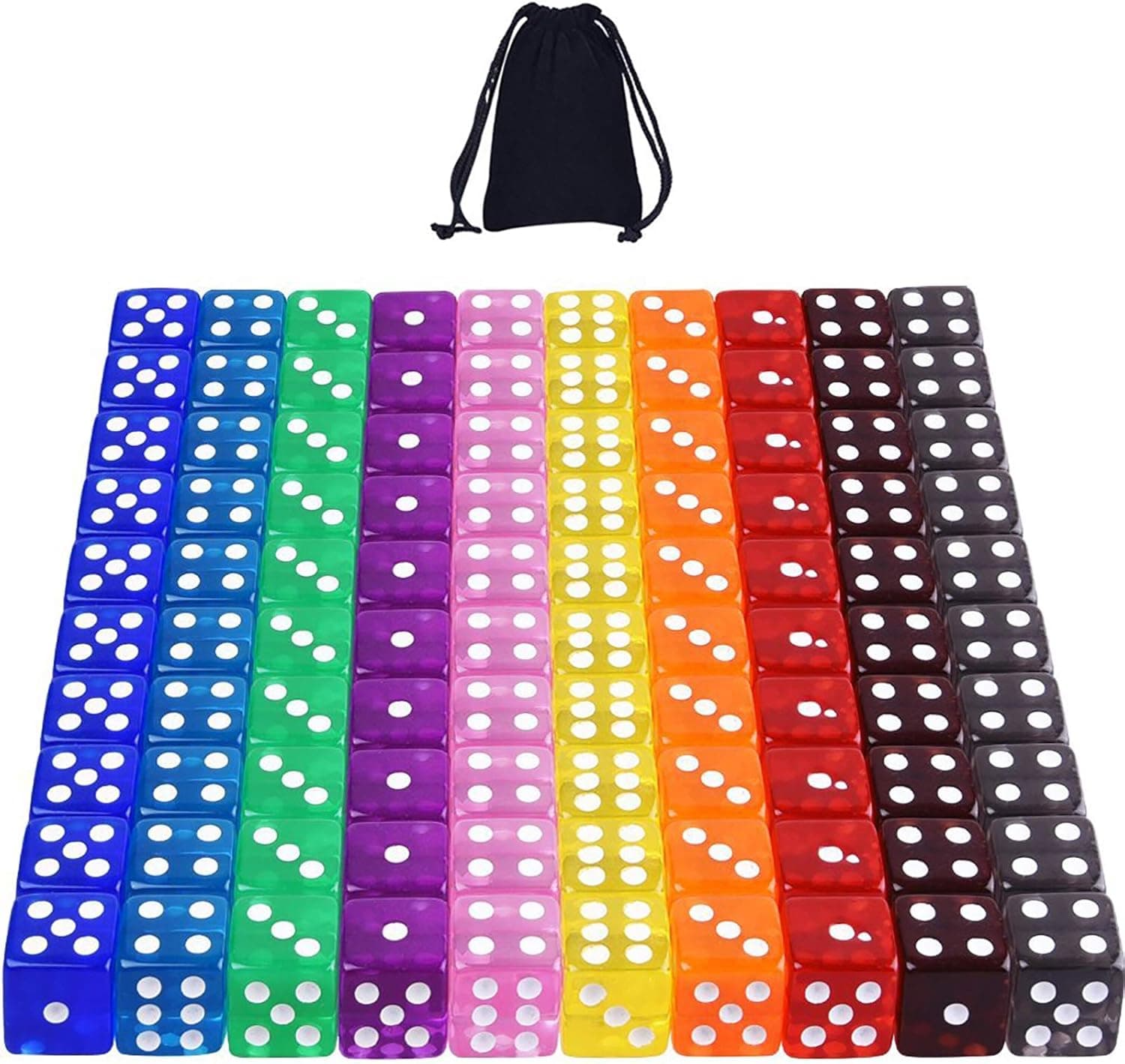 AUSTOR 100 Pieces 6 Sided Game Dice Set 10 Transparent Colors Square Corner Dice for Tenzi, Farkle, Yahtzee, Bunco or Teaching Math with Velvet Pouch