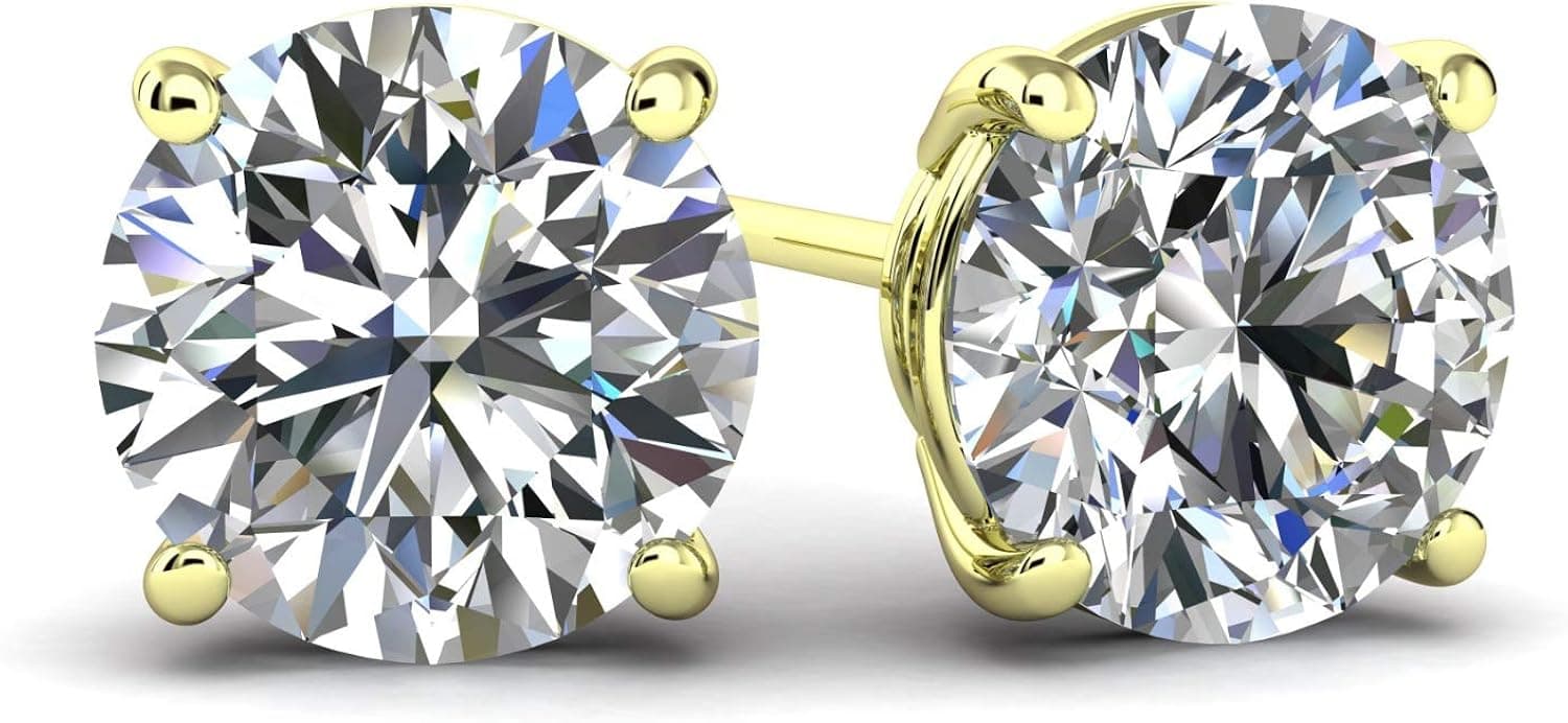 Web Gems Gold Post with Simulated Diamonds Cubic Zirconia Stud Earrings For Women – Solid 14K Gold Post And 925 Sterling Silver Basket – Premium Quality Faux Diamond Stud
