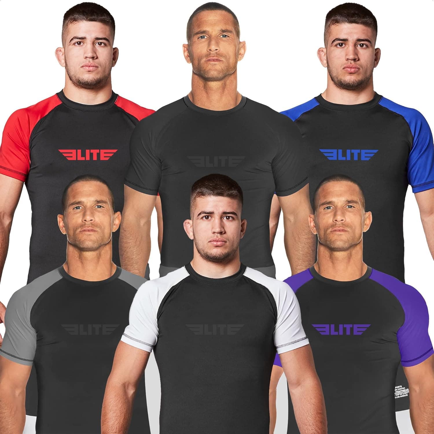 2022 Elite Sports Jiu Jitsu BJJ Rash Guards, Men’s BJJ, No GI, MMA Ranked Short Sleeve Compression Base Layer Rash Guard