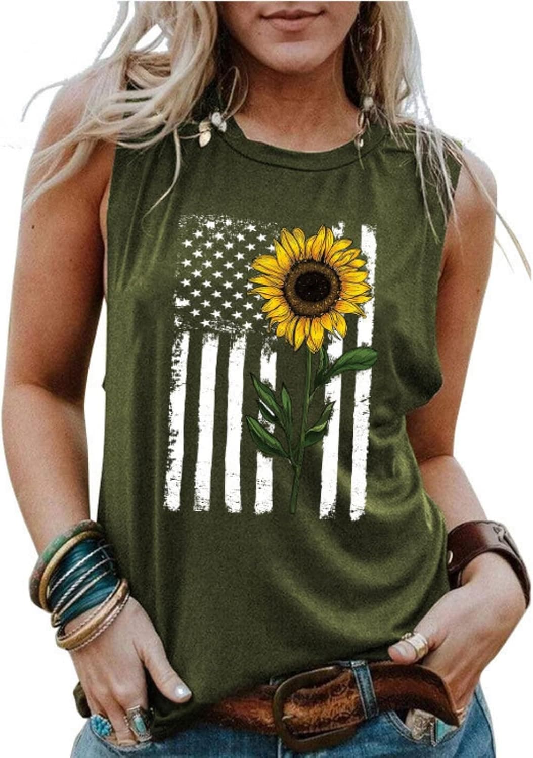 RETSUGO Womens American Flag Tank Top Sunflower Graphic Sleeveless Shirt 4th of July Stars Stripes Tops Patriotic Clothes