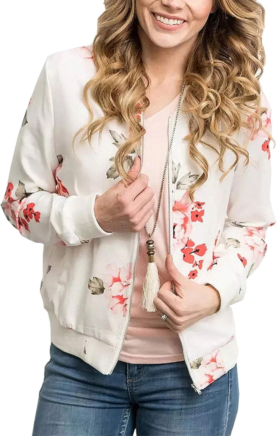 Women's Lightweight Floral Bomber Jacket with Pockets 2 Colors (S-3XL)