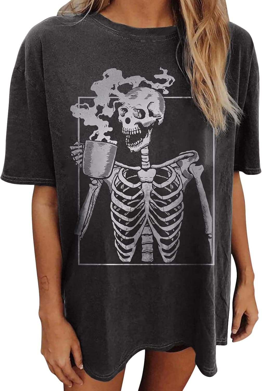 GLIGLITTR Women's Vintage Moon Skull Graphic T Shirt Retro Bleached Skeleton Loose Tees Short Sleeve Oversized Casual Tops