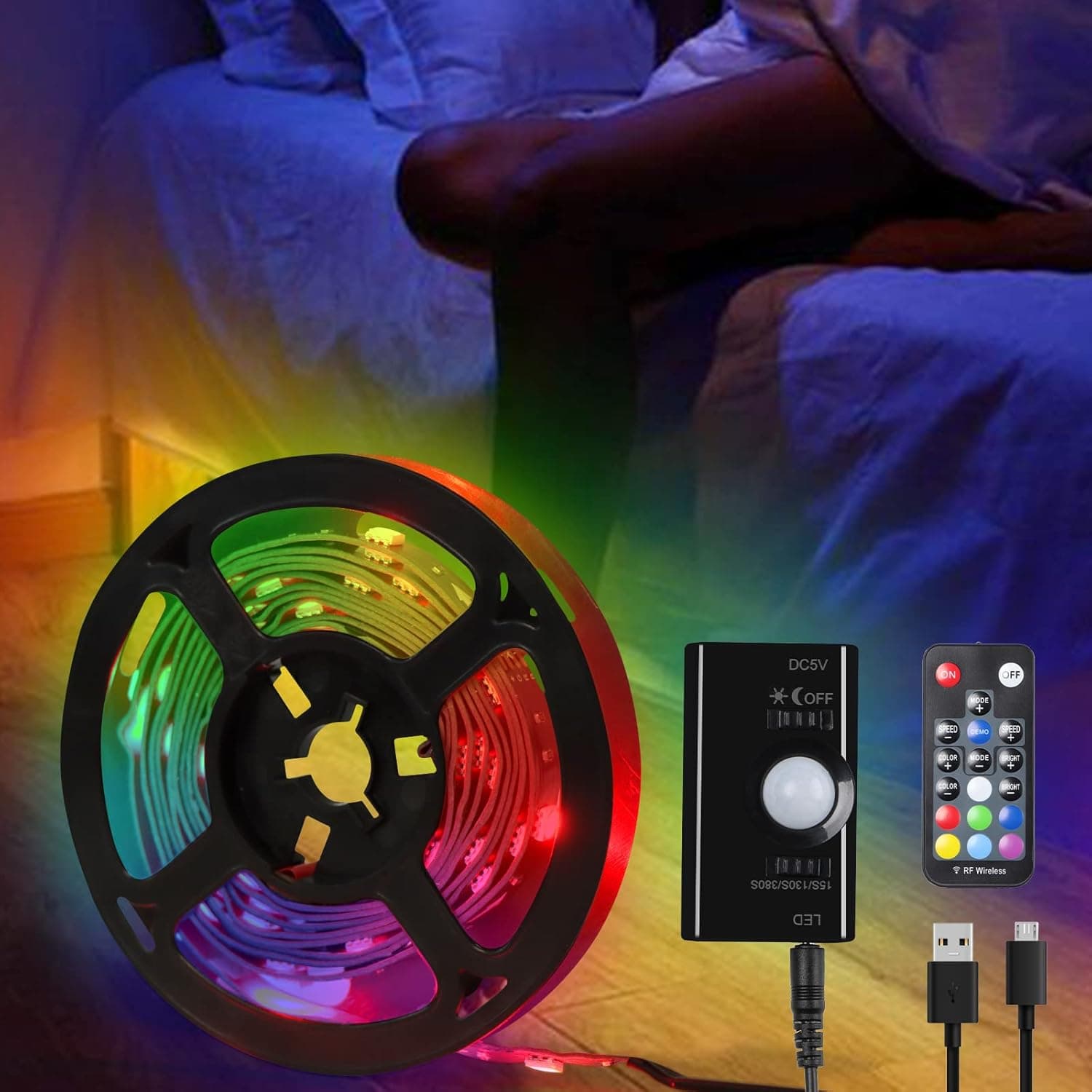 Motion Sensor LED Strips, RGB Under Bed Light Strips 6.56ft/2M, 14 Colors and 6 Changing Mode USB 5V Power Supply, Dimmable Night Light with Automatic Shut Off Timer for Bedroom Stairway Bar Closet