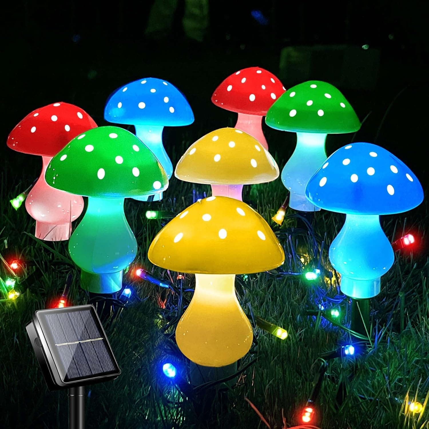 Upgraded Outdoor Solar Garden Lights, 8 Pack 50 LED Solar Mushroom Lights Outdoor 8 Modes 23ft Waterproof Solar Powered Landscape Light Cute Fairy String Light for Yard Patio Outside Decor(Multicolor)