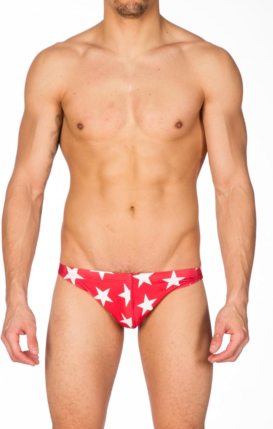 Gary Majdell Sport Men's USA Greek Bikini Swimsuit with Contour Pouch Red Stars Large