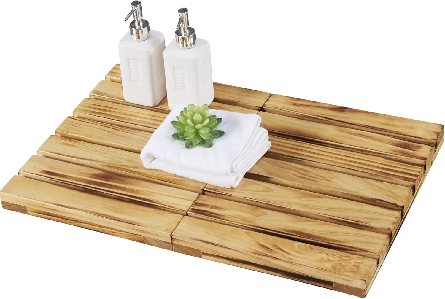 Webos Foldable Wooden Bath Mat: Large Safety Heavy Duty Shower Bathtub Mat Non Slip Floor matt for Indoor or Outdoor Spa Sauna Kitchen Deco Bathroom Tub Mats (Naturel Wood, 24 x 16)