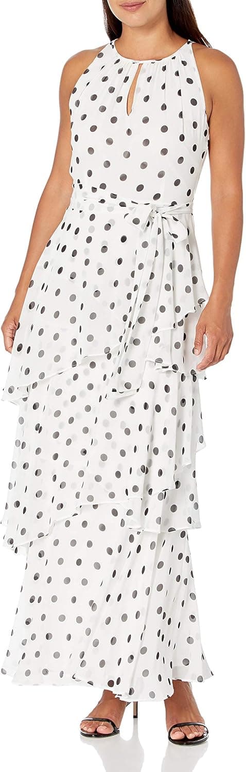 Tahari ASL Women's Sleeveless Ruched Neck Polka Dot Gown