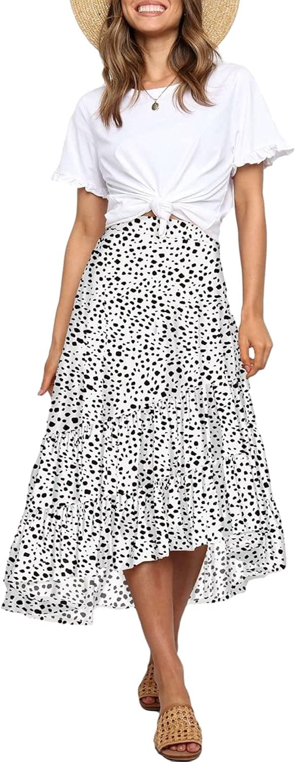 ChainJoy Womens Summer Midi Maxi Skirt Polka Dot High Elastic Waistband Asymmetrical Ruffle Hem A Line Chiffon Vintage Swing Skirts White Large