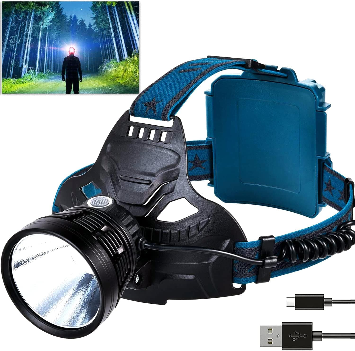 CSNDICE Headlamps for Adults Rechargeable - USB Rechargeable Led Head Lamp XHP70 Super Bright 90000 High Lumen with 4 Modes,Waterproof Headlight for Camping Hunting Running Fishing Biking