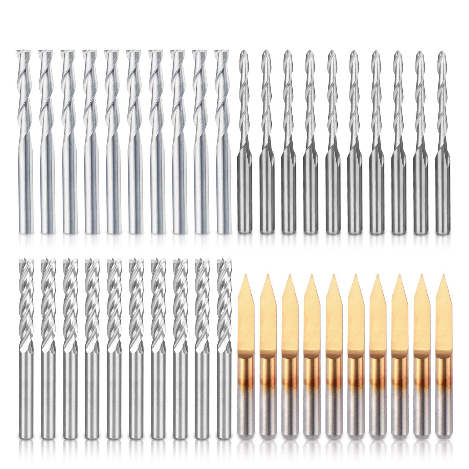HQMaster End Mill Combination Kit Set CNC Router Bits Cutter Cutting Milling Tool (4 Type, Each 10Pcs)