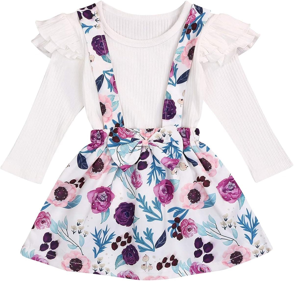 Toddler Baby Girl Clothes Suspender Skirt Outfit Set Ruffle Ribbed Top,Floral Dress Fall Winter Clothes
