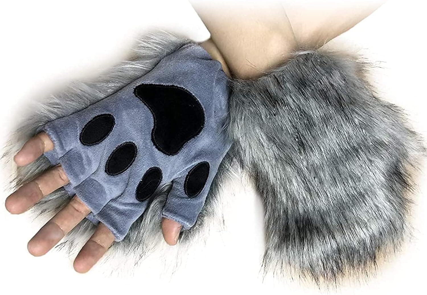 HAOAN Wolf Paw Gloves Faux Fur Cat Fingerless Mittens Winter Warm Cosplay Halloween Fancy Party Costume Accessories
