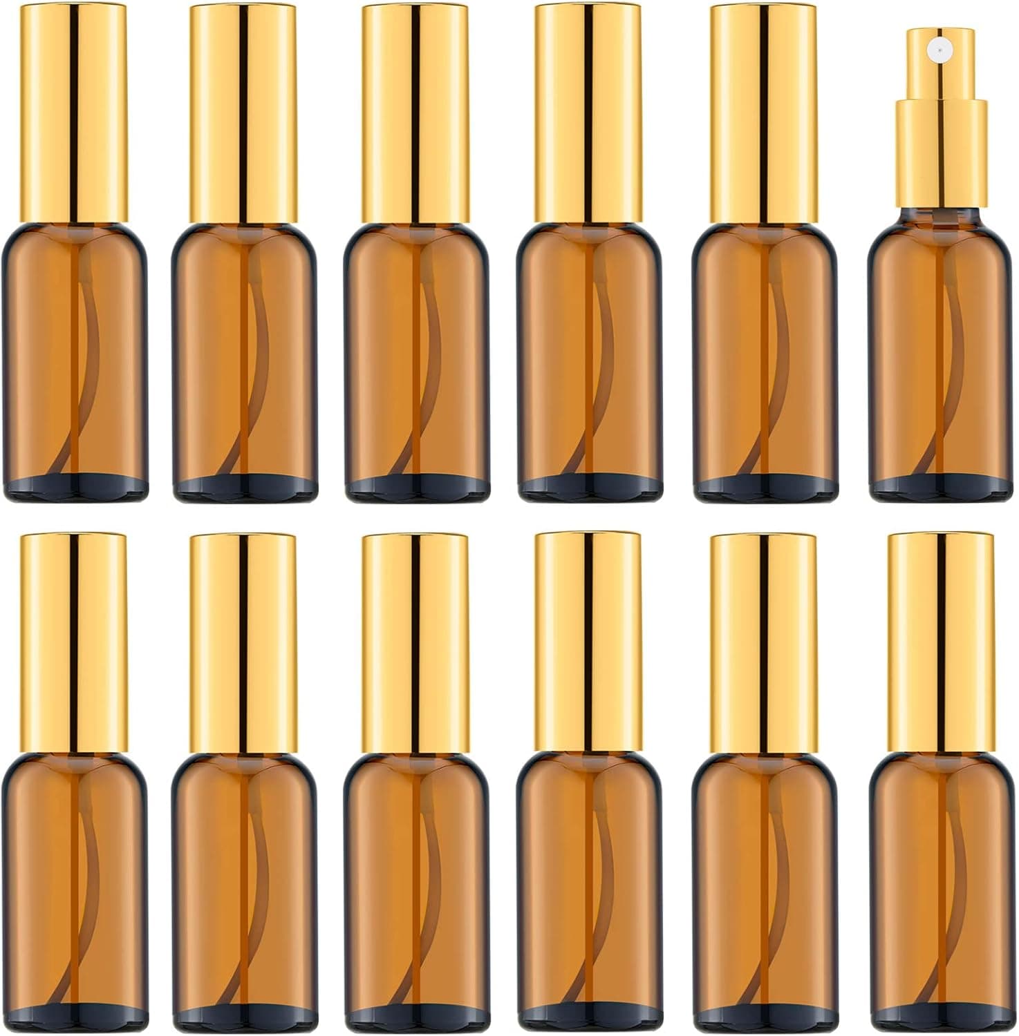 IRON BILL 1 Oz/30ML Empty Glass Spray Bottle with Gold Pump Perfume Atomizer Refillable Bottle Fine Mist Portable Sprayer (12 PACK, Amber)