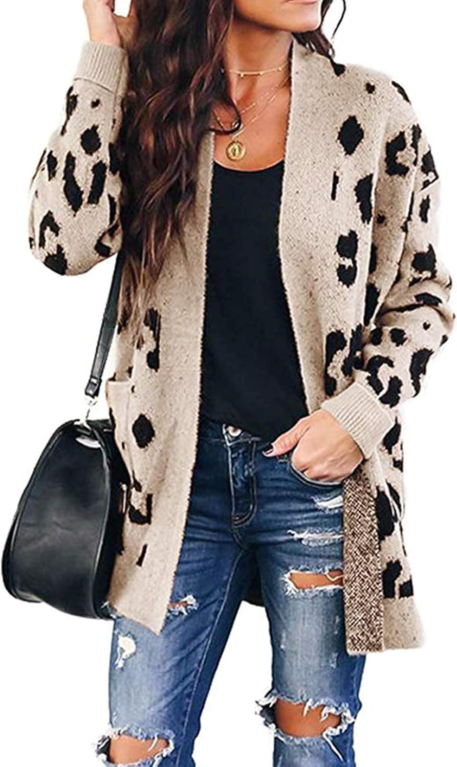 Ru Sweet Women Leopard Cardigan Long Open Front Sweaters Loose Knit Coat Draped Jumper with Pockets