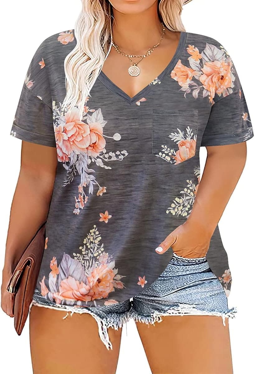 RITERA Plus Size Tops for Women Short Sleeve Shirts V Neck Tunics Tops Casual Summer Tshirt Blouses XL-5XL