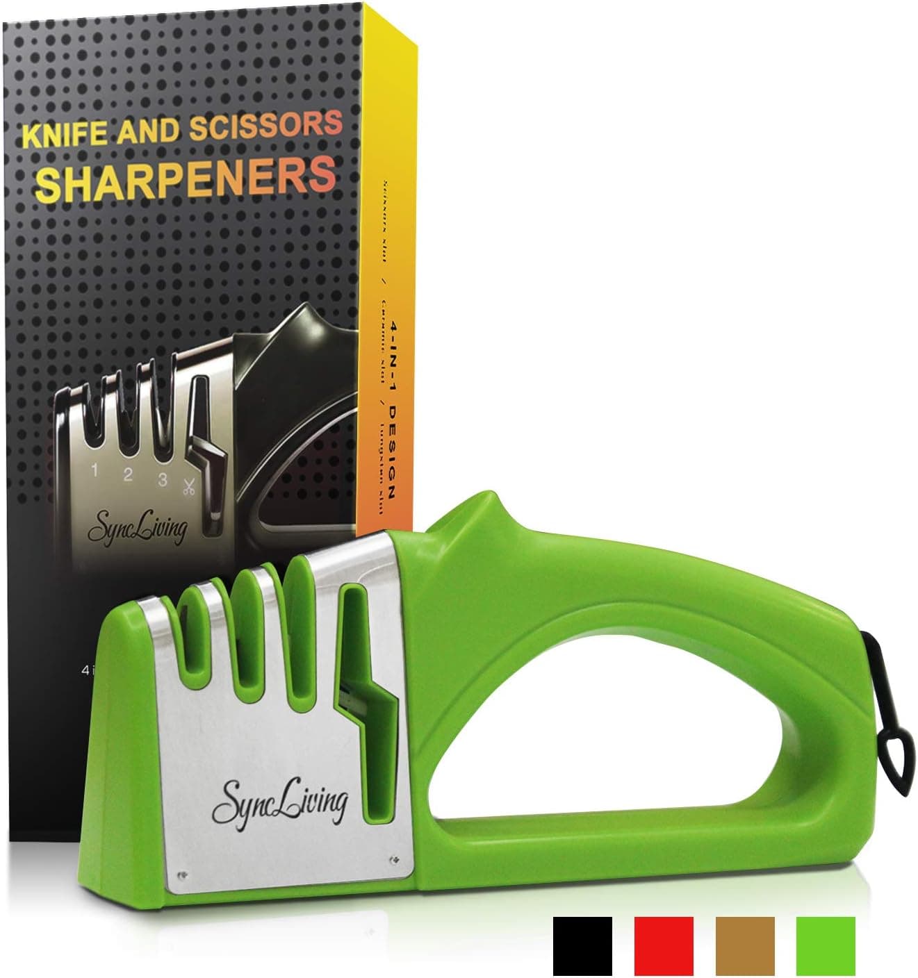 Sync Living Knife and Scissor Sharpeners,4 Stage Knife Sharpener, 4-in-1 Knife and Scissors Sharpener with Diamond, Ceramic, Tungsten, Kitchen Tools for Kinds of Knives, Green