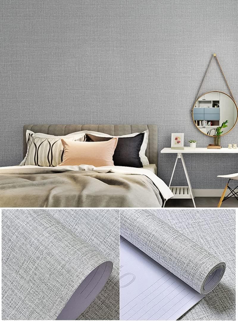 Fabric Peel and Stick Wallpaper Gray Faux Grasscloth Wallpaper Self-Adhesive 17.8” x 118” Linen Wallpaper Removable Wallpaper Embossed Textured Contact Paper Decoration Backsplash Countertop Liners