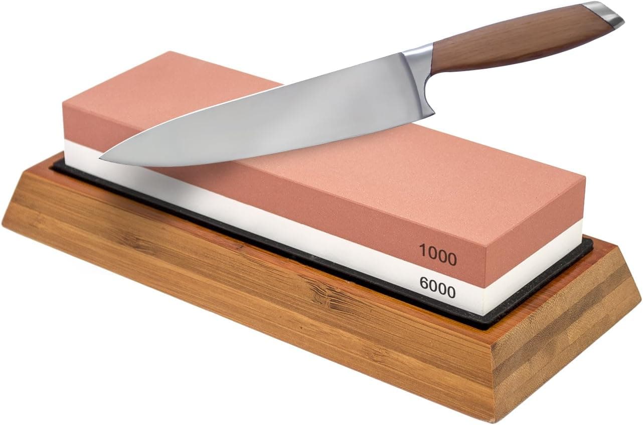 Knife Sharpening Stone 1000/6000 Grit - Professional Grade Double-sided Whetstone with Non-slip Bamboo Base